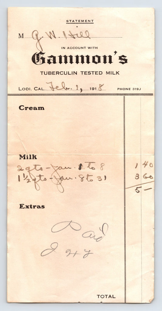 Lodi California 1918 Gammon Tuberculin Tested Milk Billhead 8 x 4