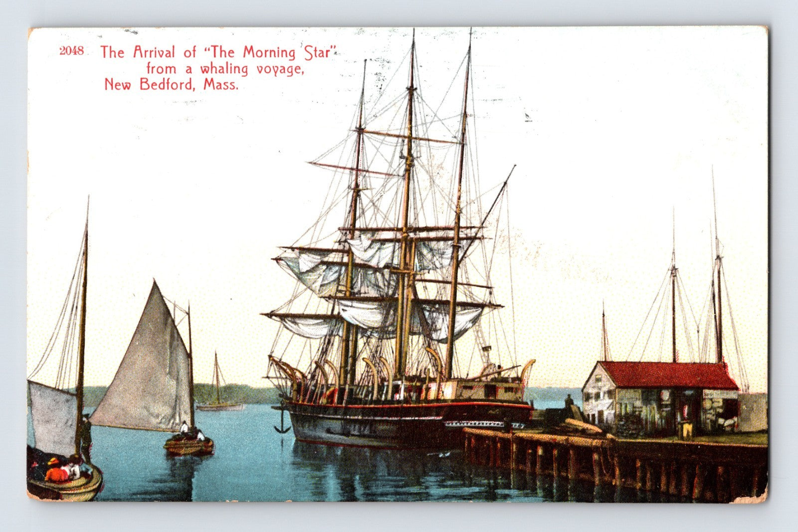 Vintage postcard of a large ship arriving at a dock with smaller sailboats and a building in the background.