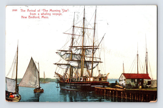 Vintage postcard of a large ship arriving at a dock with smaller sailboats and a building in the background.