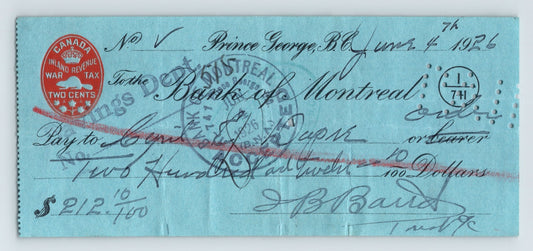 Prince George British Columbia 1926 Bank of Montreal check blue paper revenue stamps