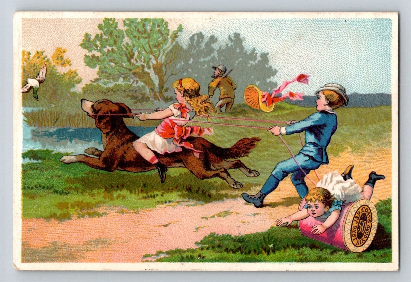 J P Coats thread trade card children dog chasing duck spool illustration 1890s