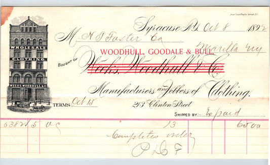 Syracuse New York Woodhull Goodale Bull Weeks clothing billhead 1892 wholesale document
