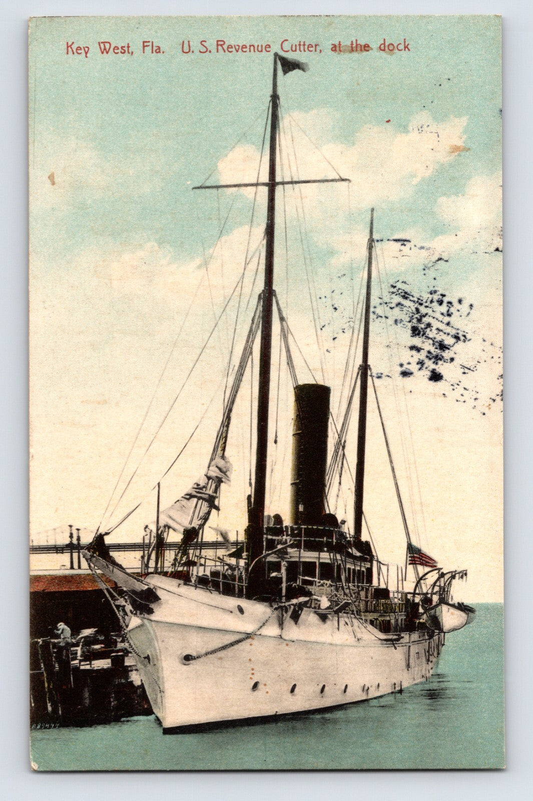 Key West Florida U S Revenue Cutter at dock navy vessel 1913 posted postcard