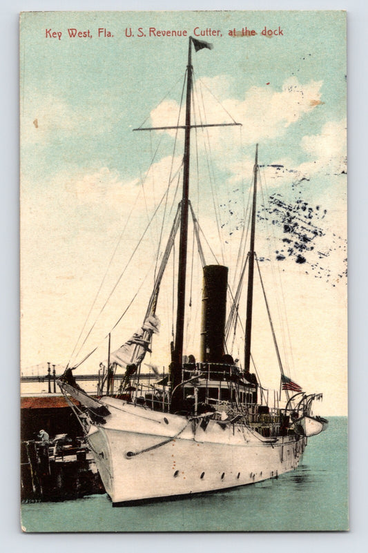 Key West Florida U S Revenue Cutter at dock navy vessel 1913 posted postcard