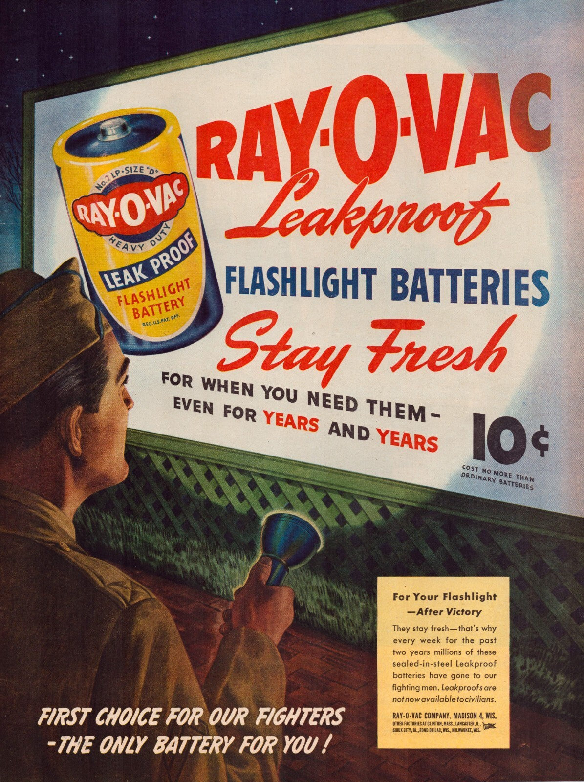 Ray O Vac Battery 1945 WW2 soldier flashlight night scene print ad full page vintage advertising