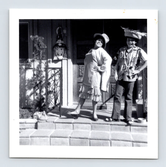 Vintage Halloween children costumes porch witch decoration doorway 1971 snapshot