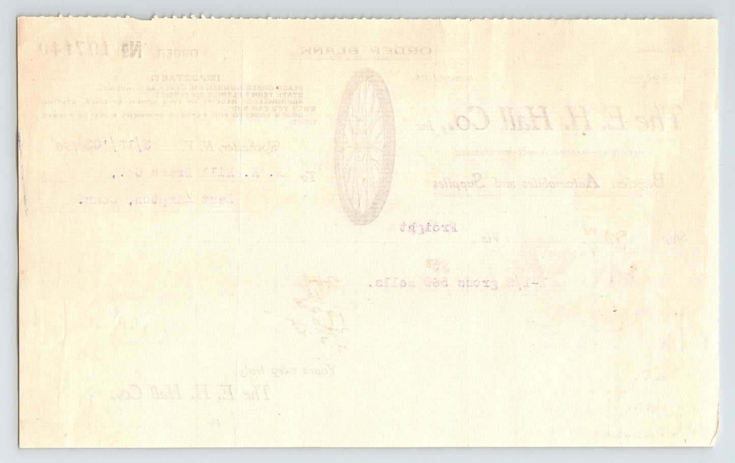 Rochester New York 1903 E H Hall Bicycle Automobile Order Blank 8.5 x 5.5