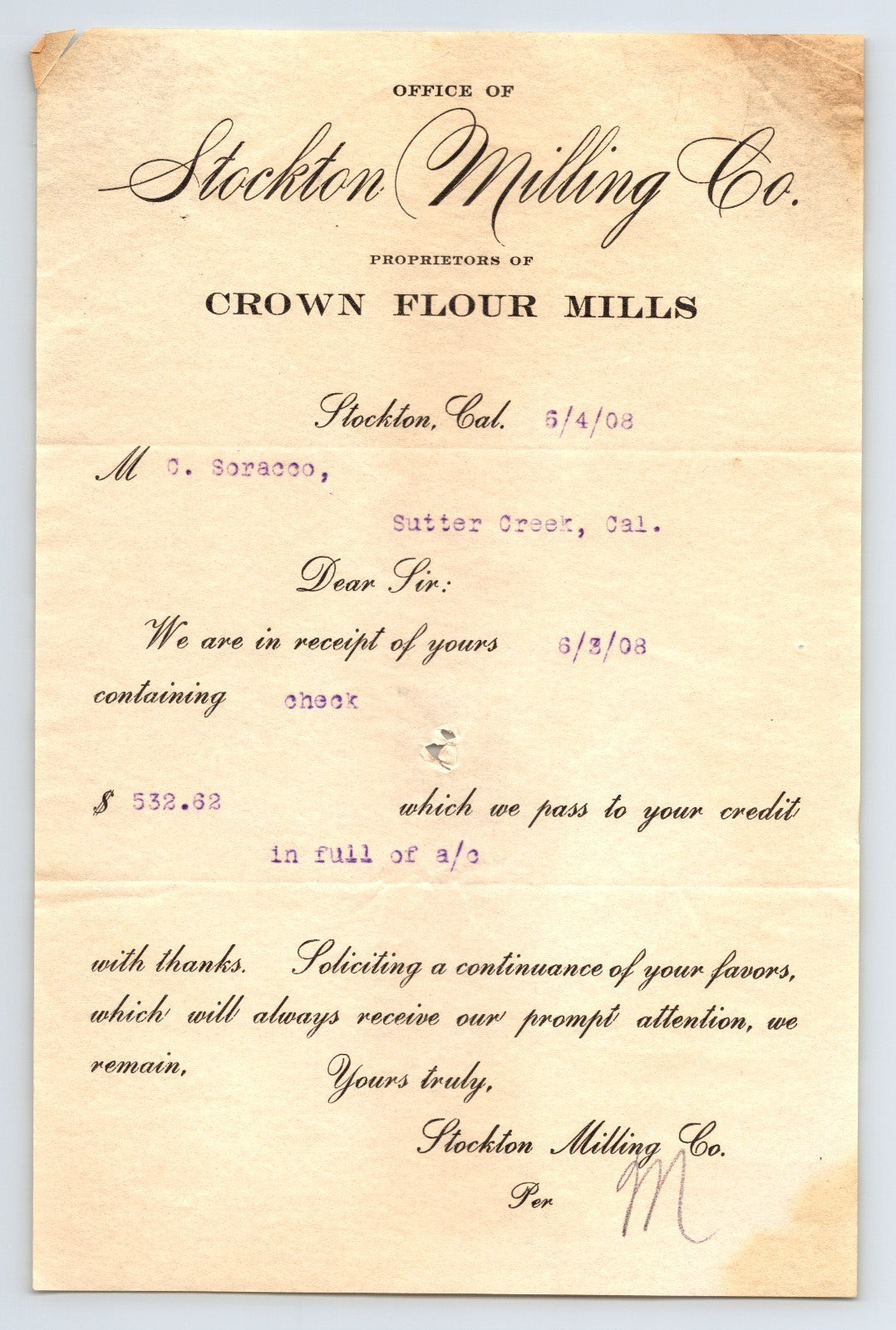 Stockton California 1908 Crown Flour Mills Billhead Receipt 8 x 5.5
