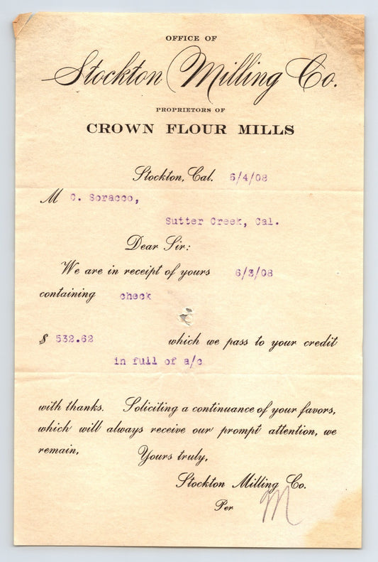 Stockton California 1908 Crown Flour Mills Billhead Receipt 8 x 5.5