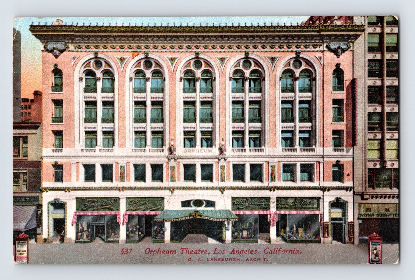 Los Angeles California Orpheum Theatre postcard featuring ornate early twentieth-century theater facade and downtown streetscape.