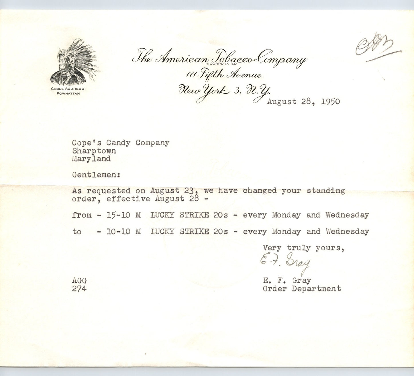 American Tobacco Company 1950 letterhead New York Lucky Strike order department business correspondence