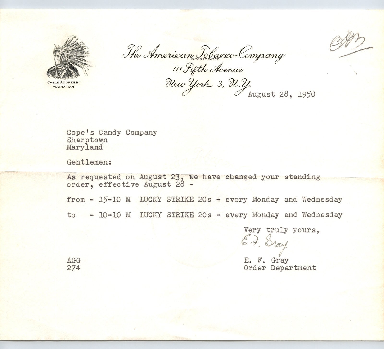 American Tobacco Company 1950 letterhead New York Lucky Strike order department business correspondence