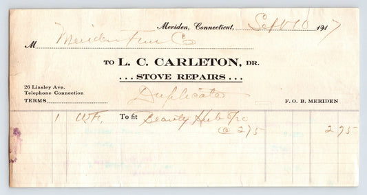 Meriden Connecticut L C Carleton stove repairs billhead 1917 handwritten invoice