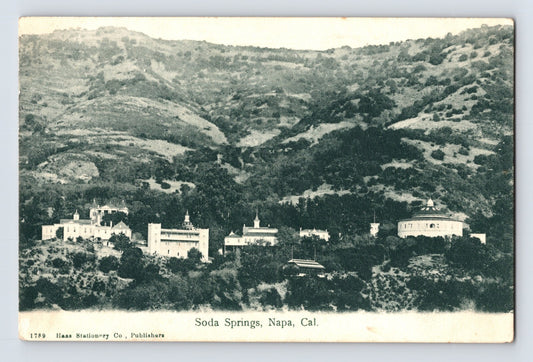 Aerial view of Soda Springs Resort complex in hillside setting Napa California 1907 posted divided back postcard