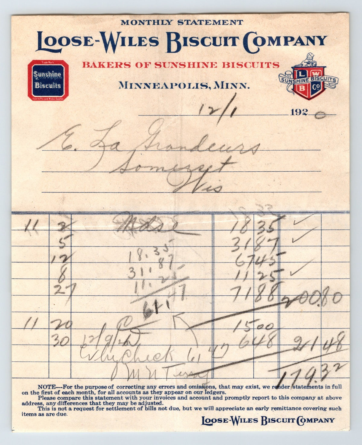 Minneapolis Minnesota 1920 Loose Wiles Biscuit Billhead 6.5 x 5.5