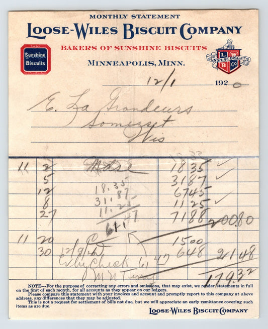 Minneapolis Minnesota 1920 Loose Wiles Biscuit Billhead 6.5 x 5.5