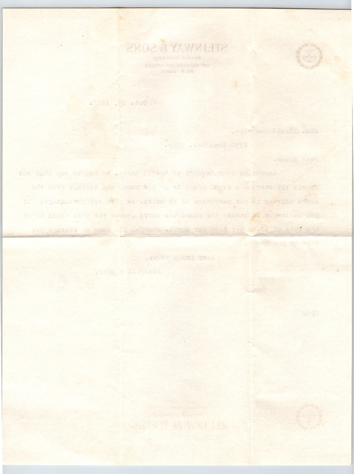 Steinway & Sons New York City 1918 Piano Storage Letterhead 8.5 x 11