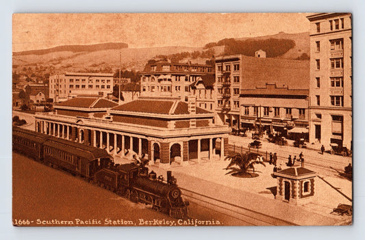 Southern Pacific Railroad Station Berkeley California steam train depot plaza 1920s postcard