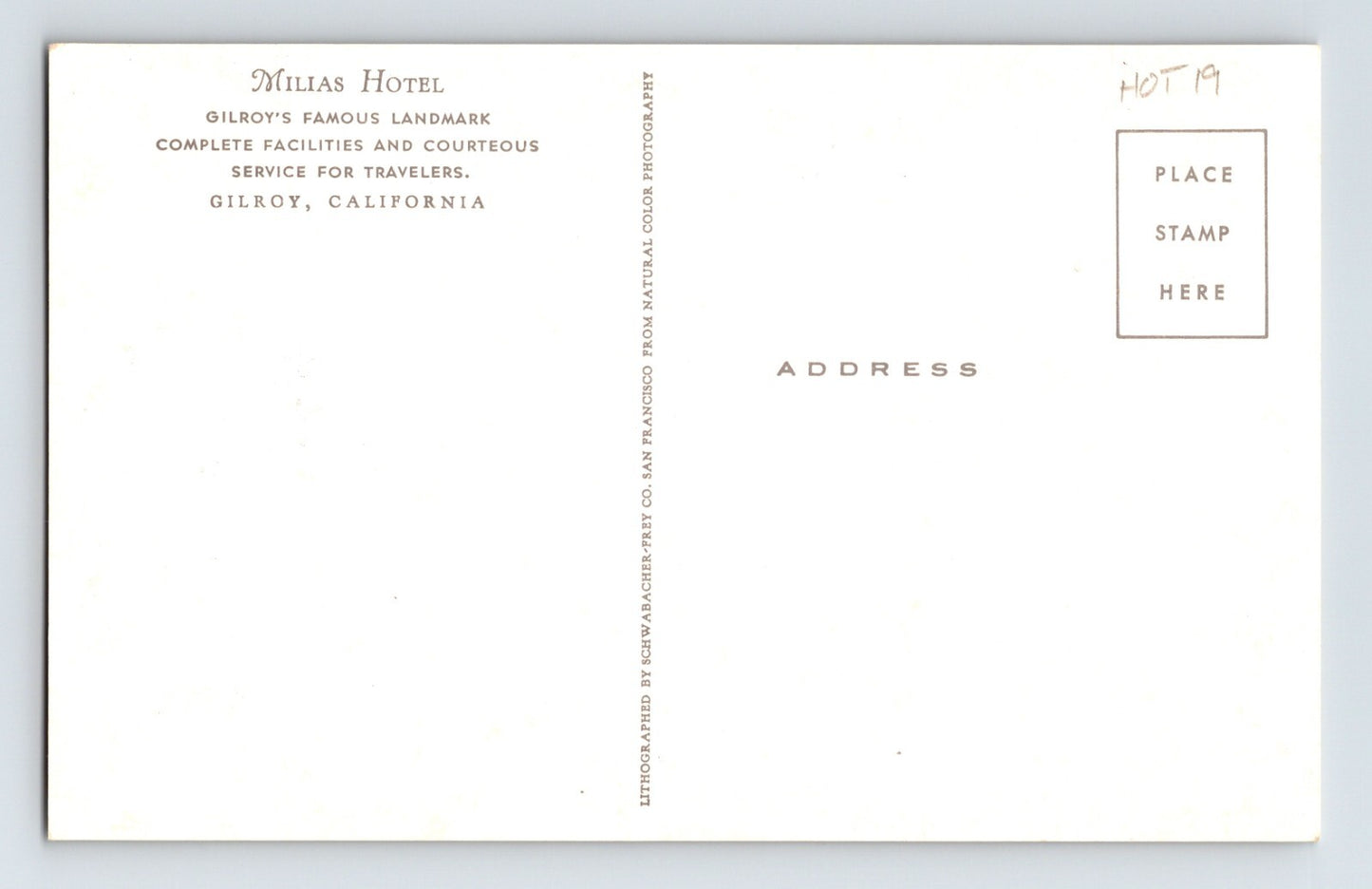 Gilroy California Milias Hotel Steak House Restaurant 1950s Postcard Chrome