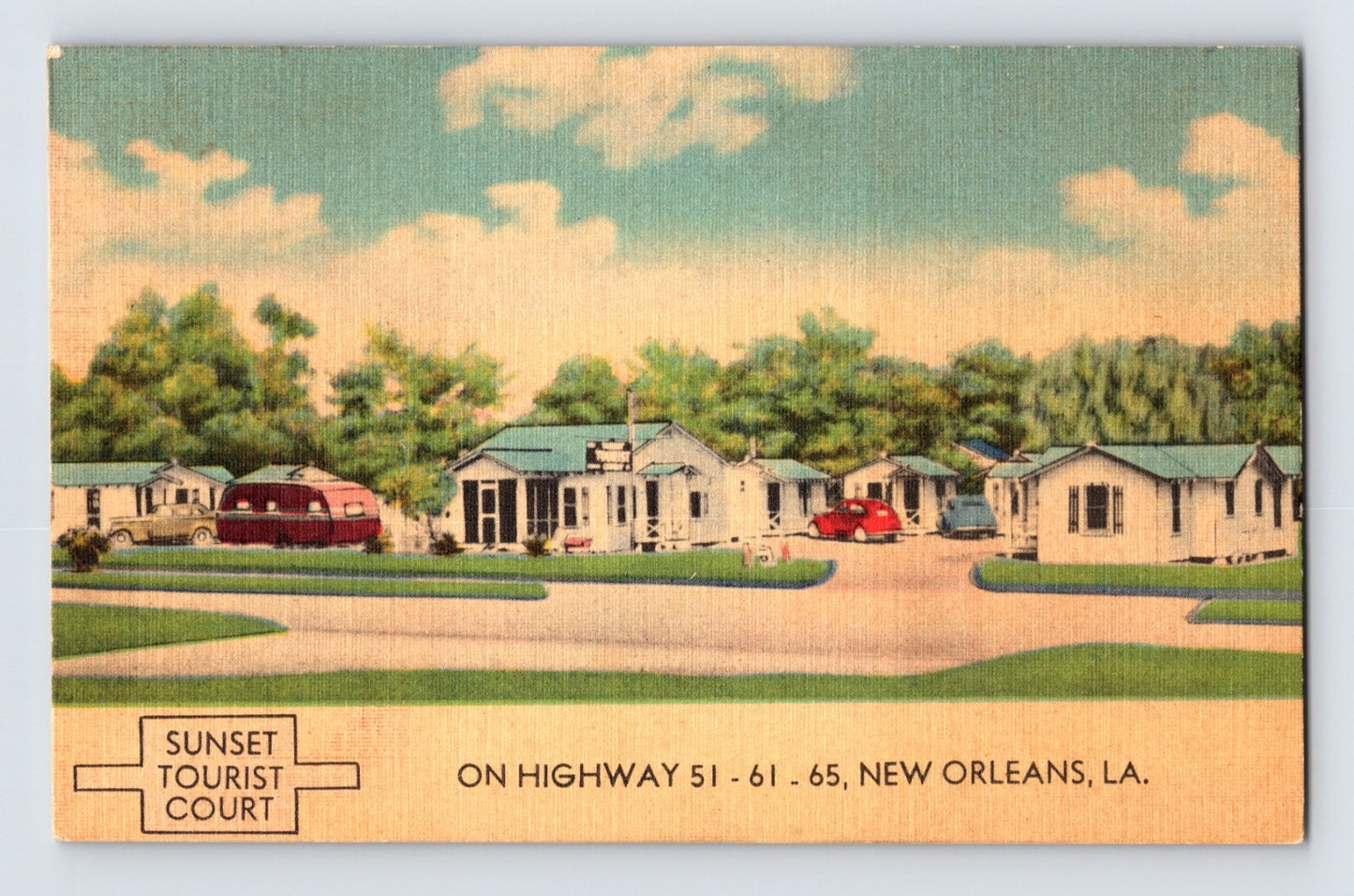 New Orleans Louisiana Sunset Tourist Court motel cabins highway scene 1940s linen postcard