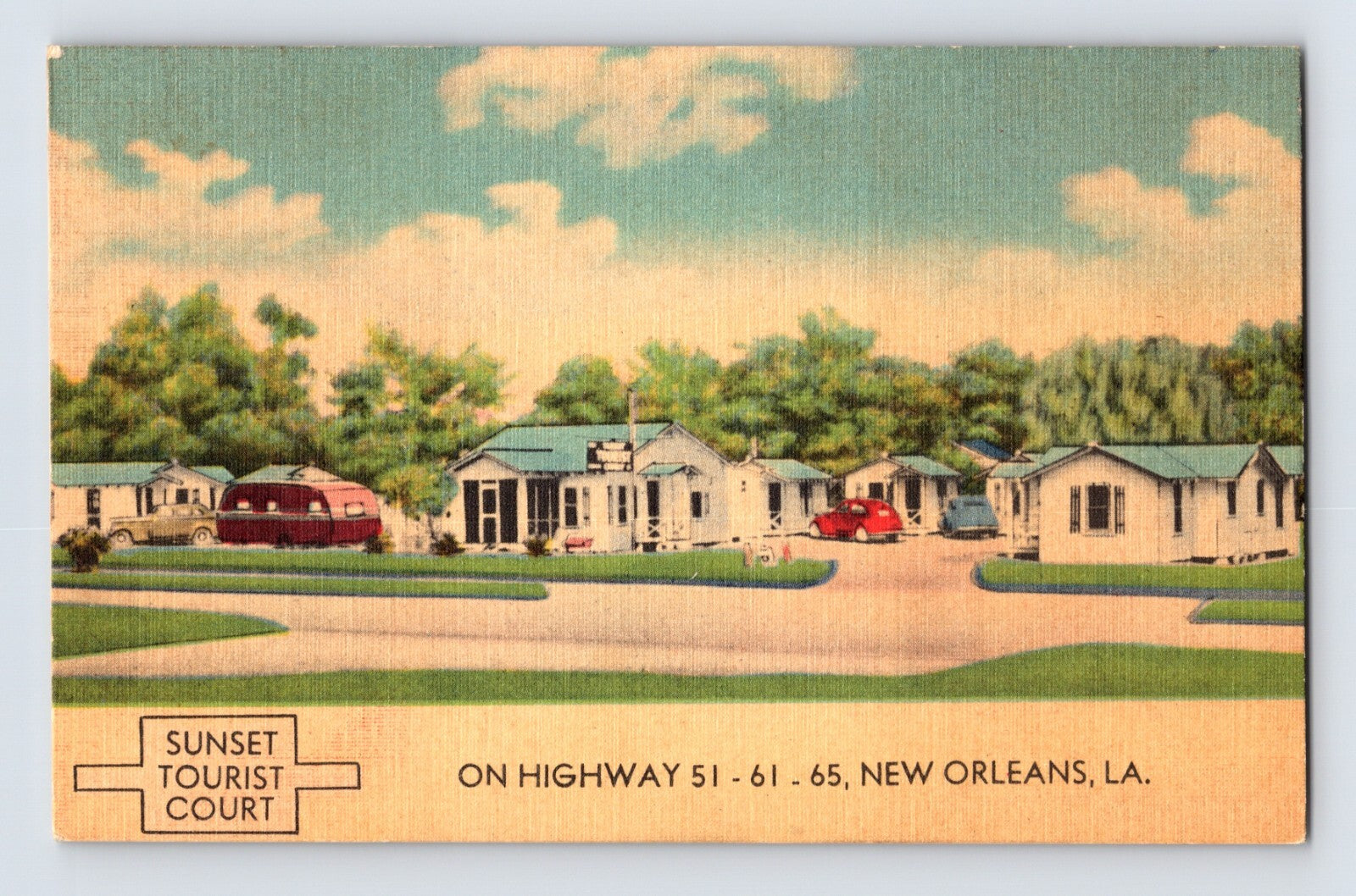 New Orleans Louisiana Sunset Tourist Court motel cabins highway scene 1940s linen postcard