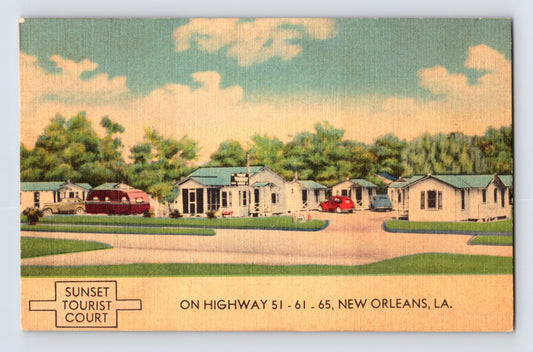 New Orleans Louisiana Sunset Tourist Court motel cabins highway scene 1940s linen postcard