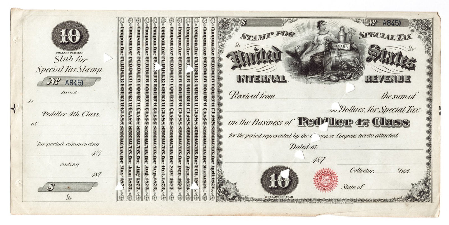 1870s United States Internal Revenue special tax stamp for 4th class tobacco peddler