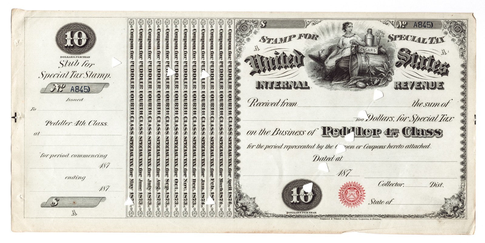 1870s United States Internal Revenue special tax stamp for 4th class tobacco peddler