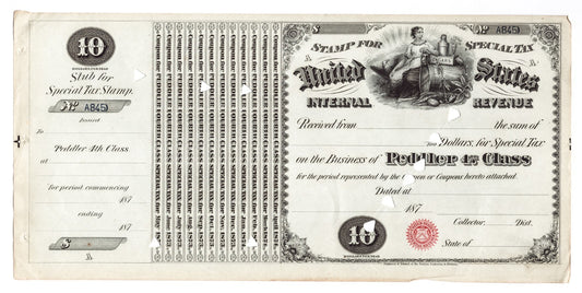 1870s United States Internal Revenue special tax stamp for 4th class tobacco peddler