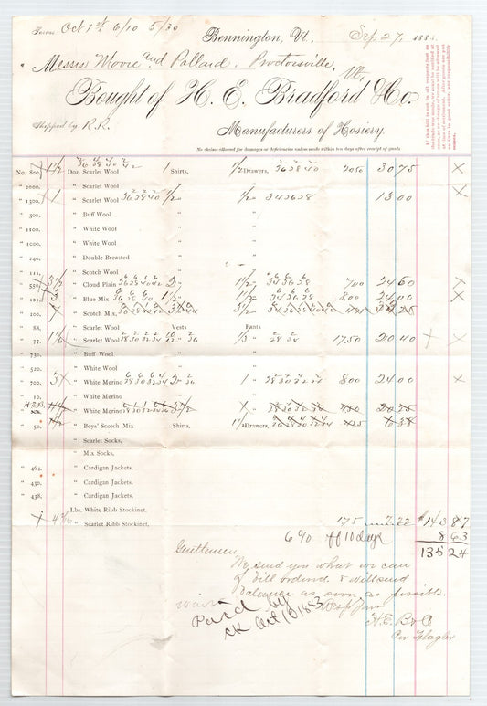 Antique Bennington Vermont billhead for H E Bradford Hosiery manufacturer featuring itemized stockings ledger entries and red and blue ruling lines