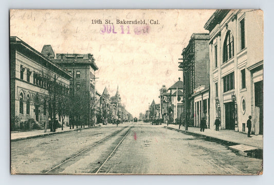 Bakersfield California 19th Street downtown trolley tracks early buildings 1910s postcard