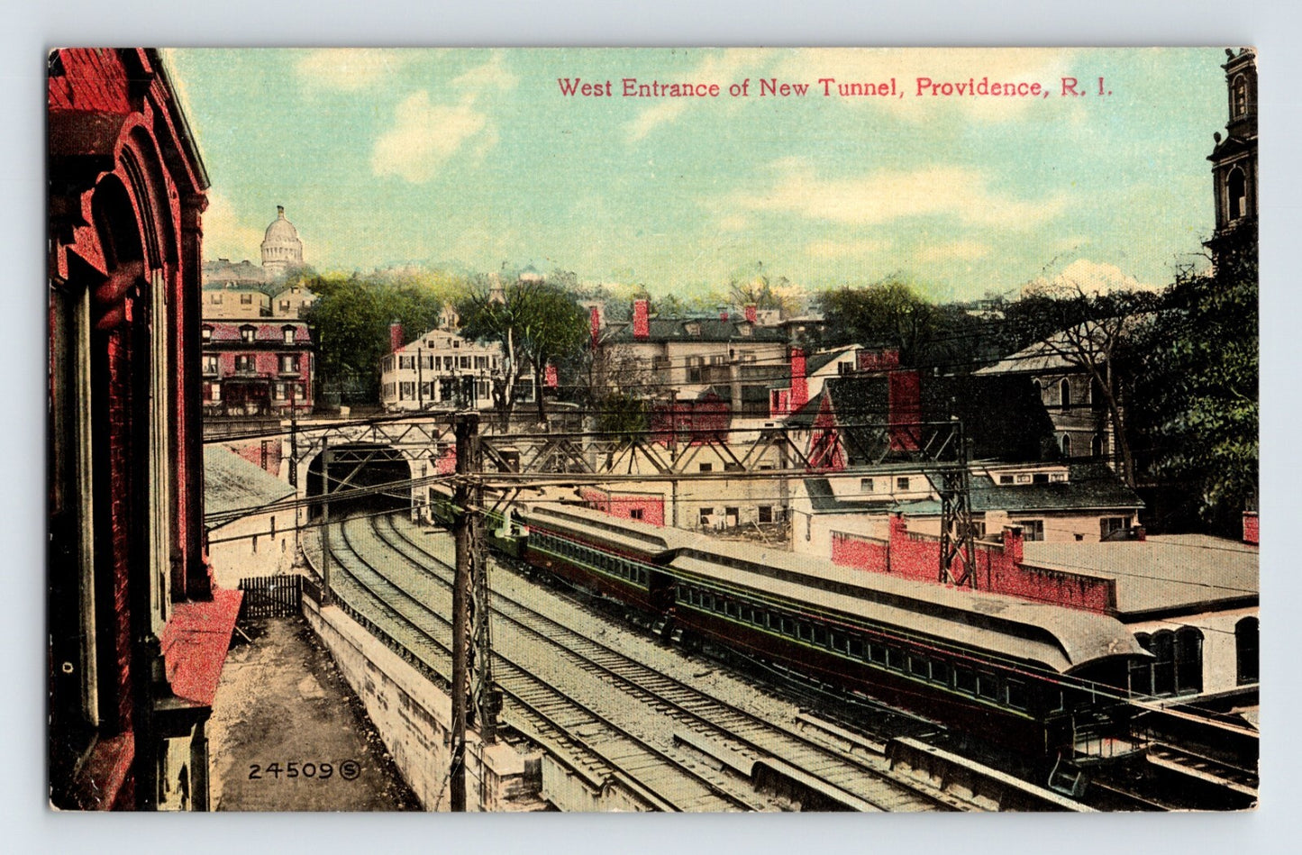Providence Rhode Island new tunnel west entrance railroad train 1910s postcard with elevated tracks and passenger cars