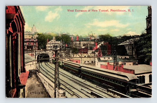 Providence Rhode Island new tunnel west entrance railroad train 1910s postcard with elevated tracks and passenger cars
