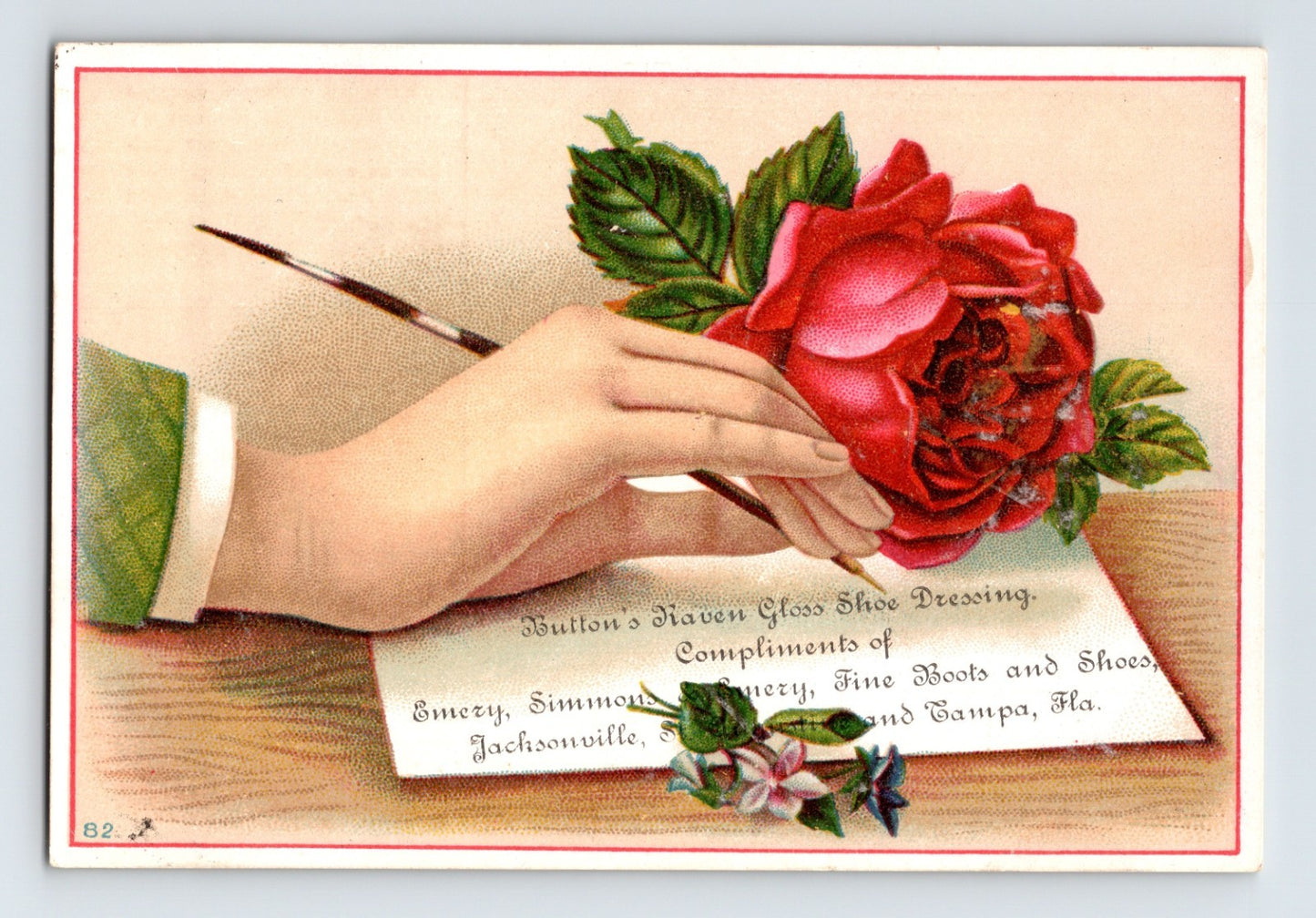 St Augustine Florida Emery Simmons Rose Boots Shoes 1890s Trade Card - 3.5 x 5