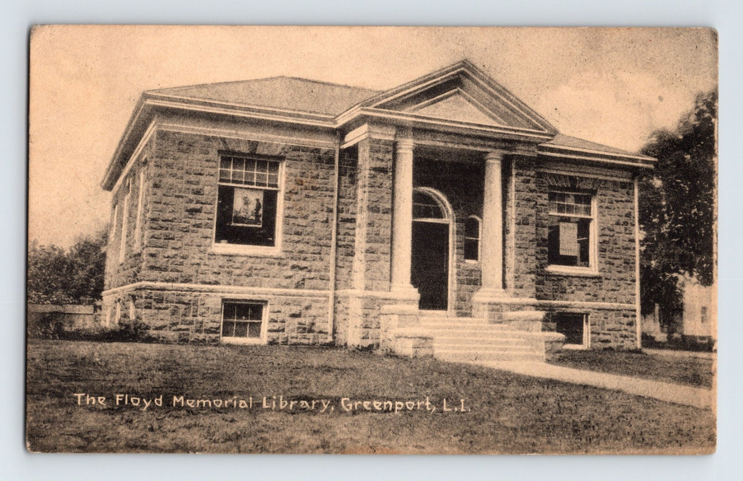 Greenport New York Floyd Memorial Library stone building columned entrance Long Island postcard