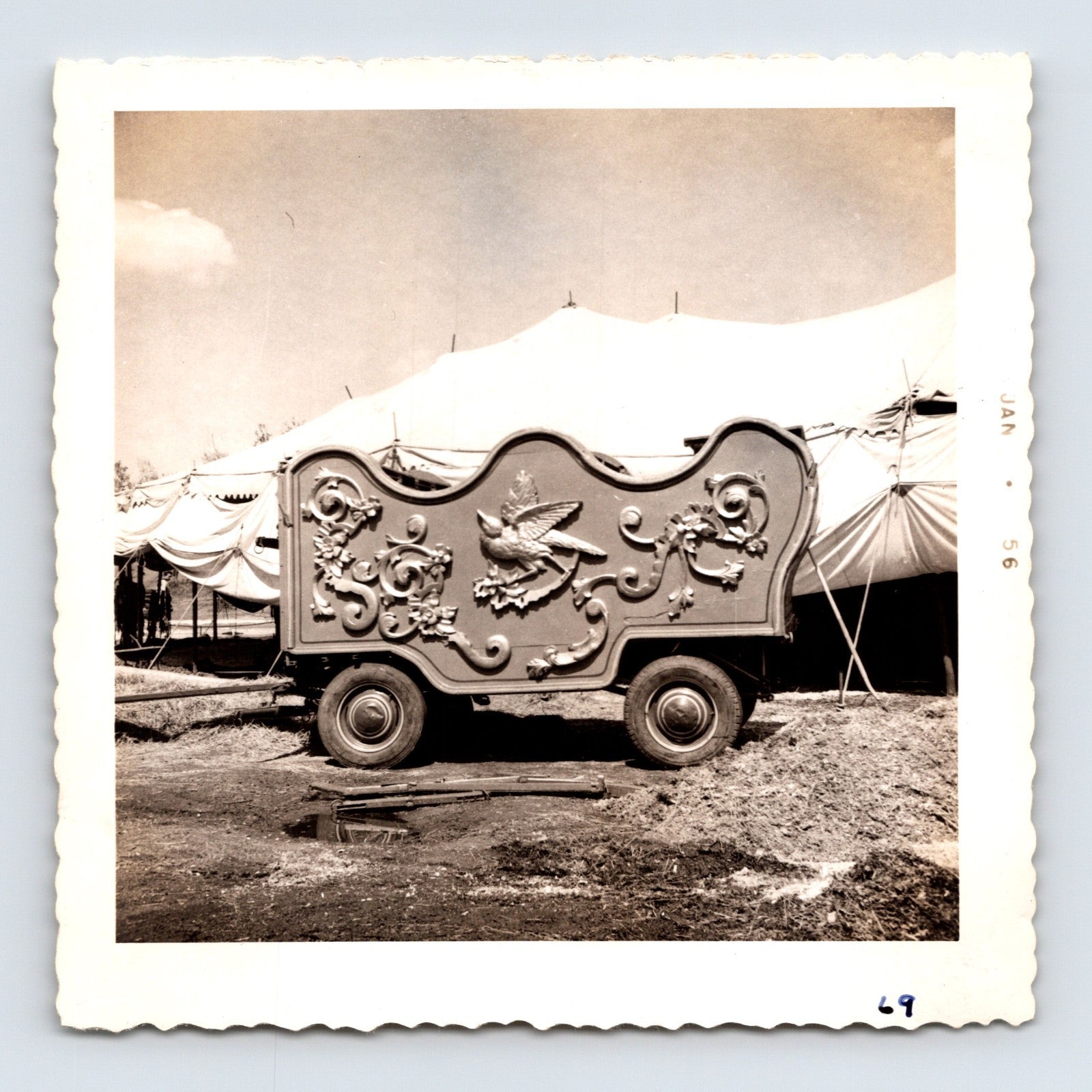 King Bros Circus 1956 ornate eagle wagon decorative panel trailer tent background photo