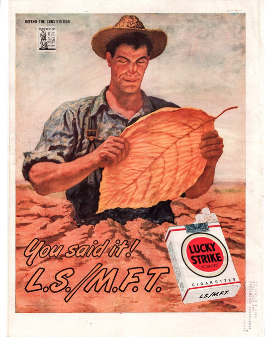 Lucky Strike 1945 tobacco farmer holding leaf wartime print ad