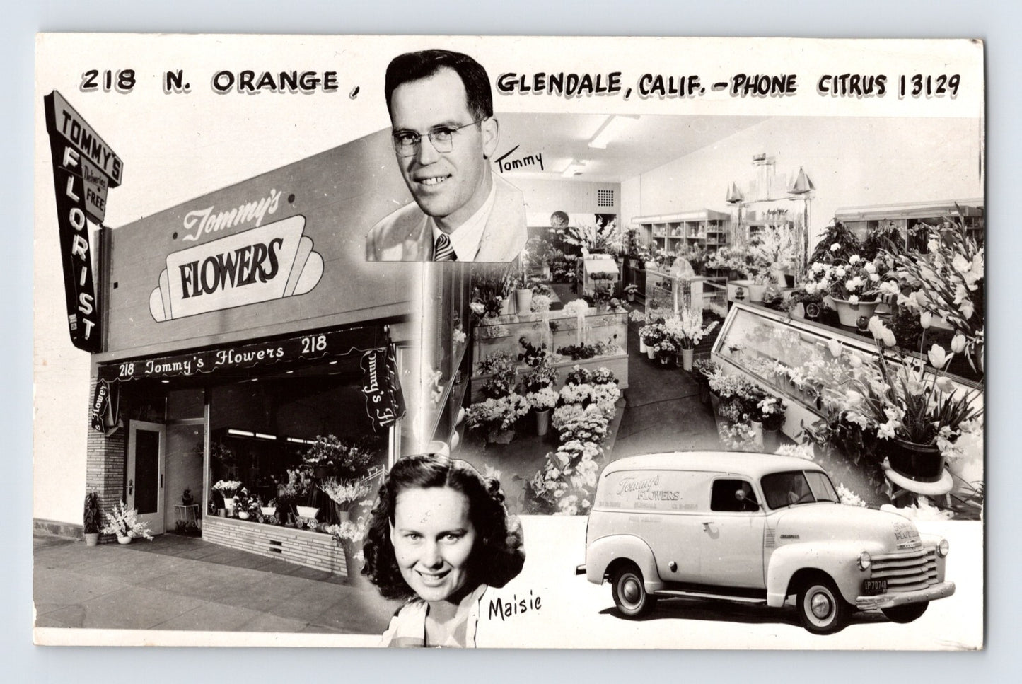 Tommy’s Flowers florist shop interior and storefront collage Glendale California 1953 with delivery truck and owner portraits