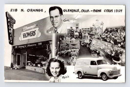 Tommy’s Flowers florist shop interior and storefront collage Glendale California 1953 with delivery truck and owner portraits