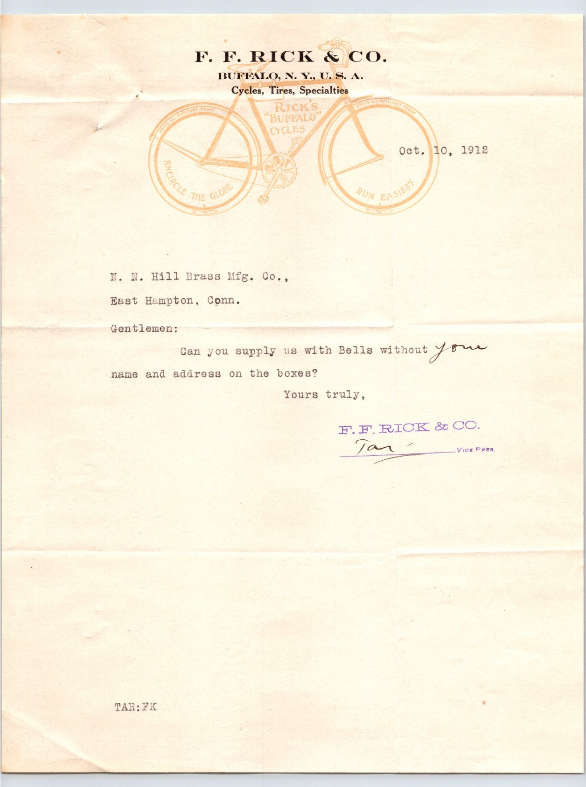 F F Rick Company Buffalo New York bicycle letterhead 1912 with illustrated bike and typed correspondence