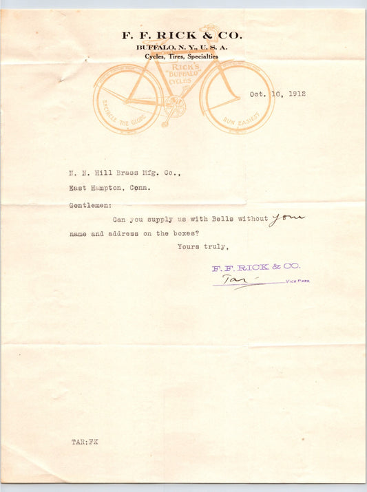 F F Rick Company Buffalo New York bicycle letterhead 1912 with illustrated bike and typed correspondence