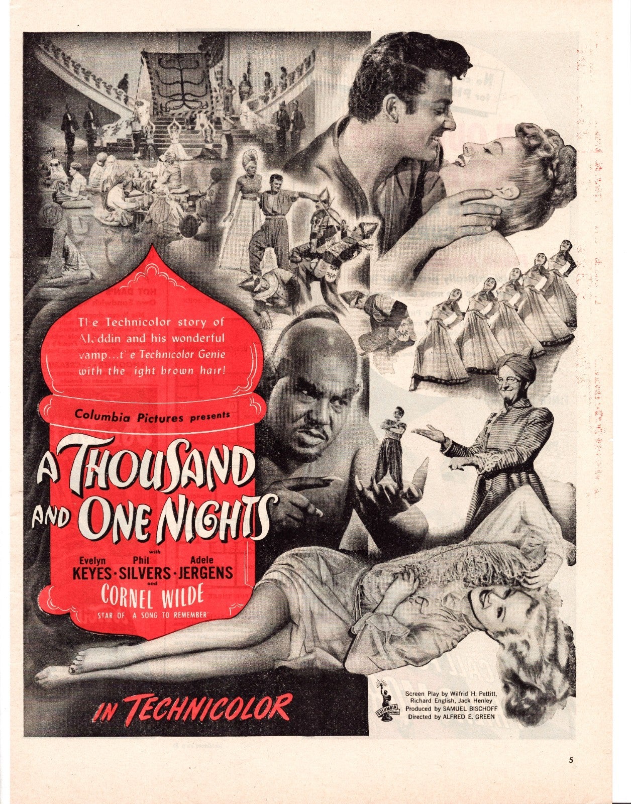 Thousand and One Nights 1945 film advertisement featuring Cornel Wilde and Adele Jergens with genie and dance scenes