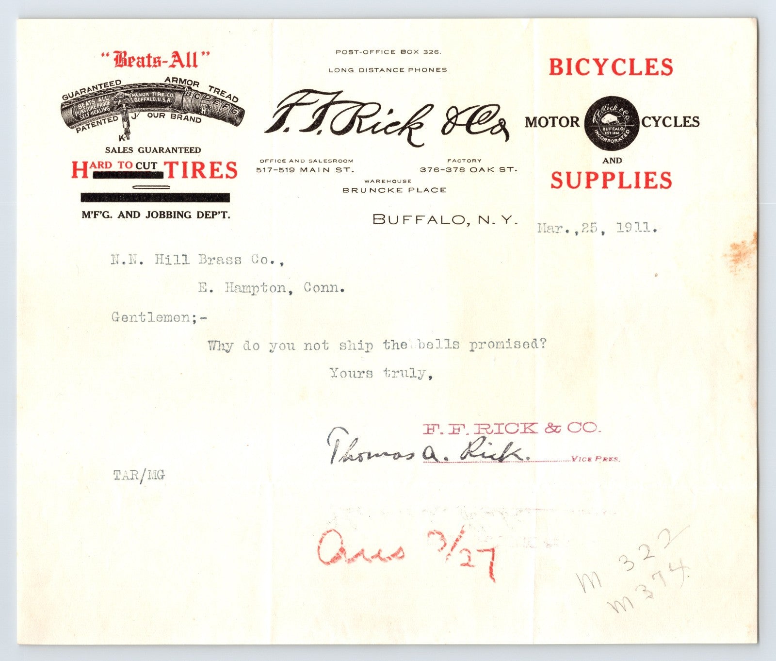 Buffalo New York F F Rick Company Bicycle Tires Supplies 1911 letterhead