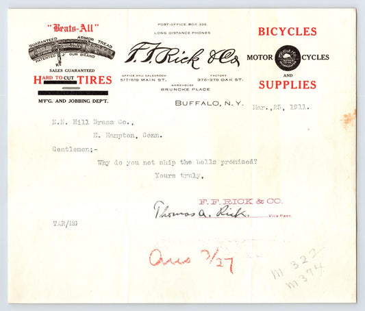 Buffalo New York F F Rick Company Bicycle Tires Supplies 1911 letterhead