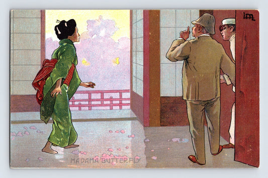 Illustrated postcard of Madam Butterfly scene with Pinkerton departing and Japanese woman in green kimono at balcony