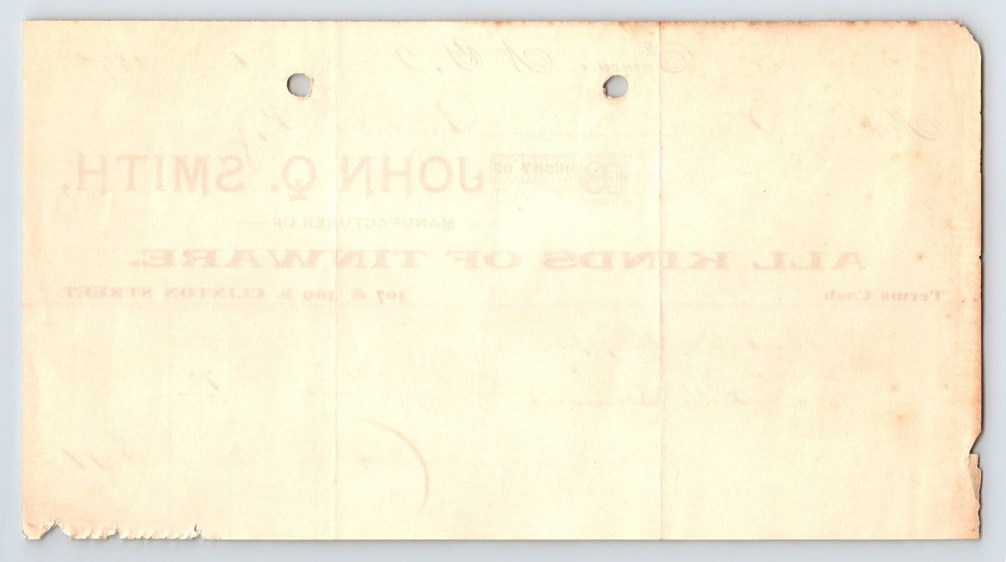 Pulaski New York 1892 John Q Smith Tinware Billhead 8 x 4.5