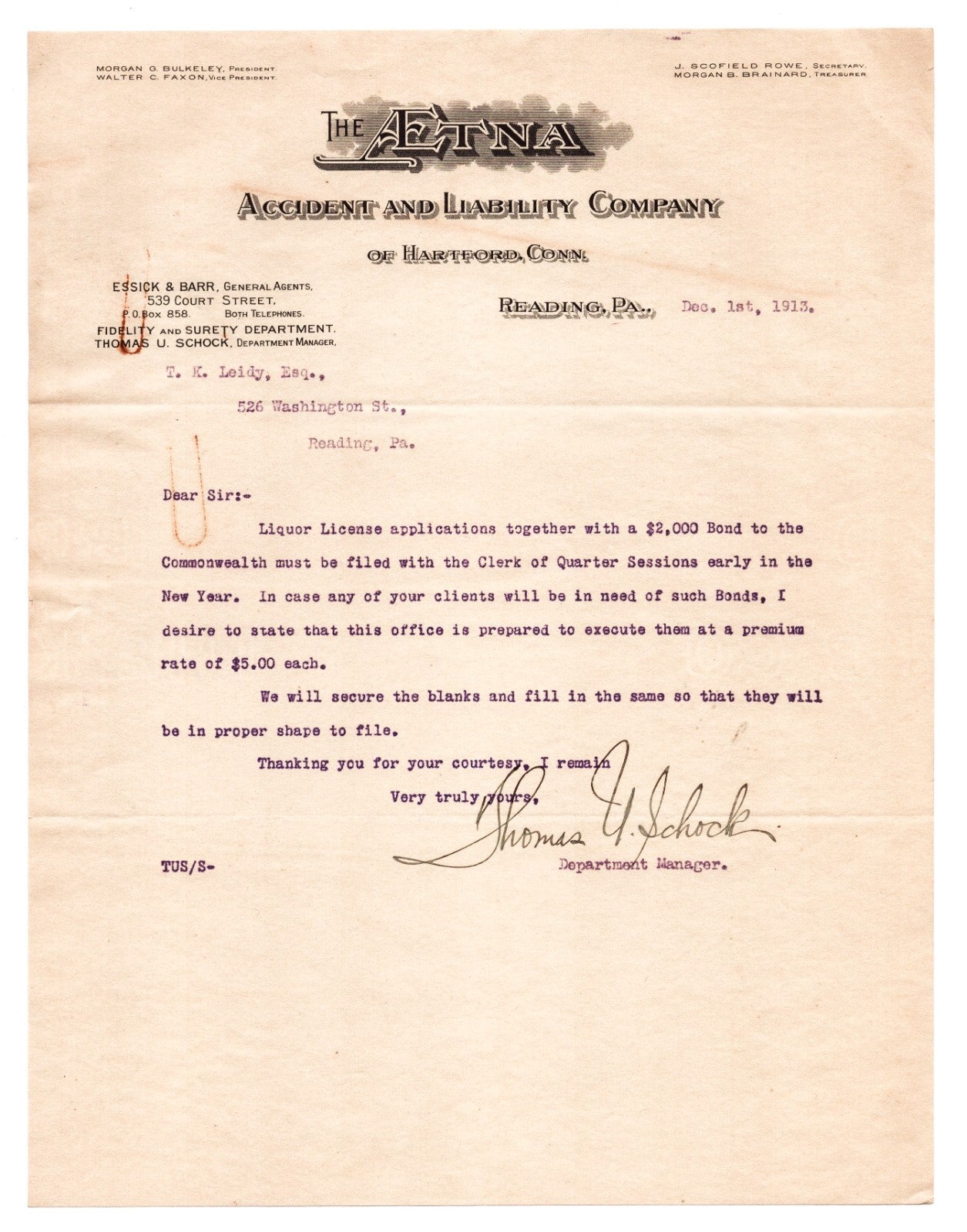 Reading Pennsylvania 1917 Aetna Accident and Liability Letterhead 8.5 x 11