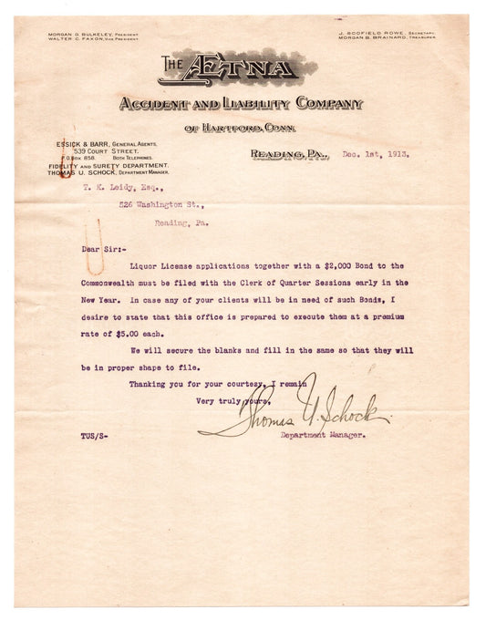 Reading Pennsylvania 1917 Aetna Accident and Liability Letterhead 8.5 x 11