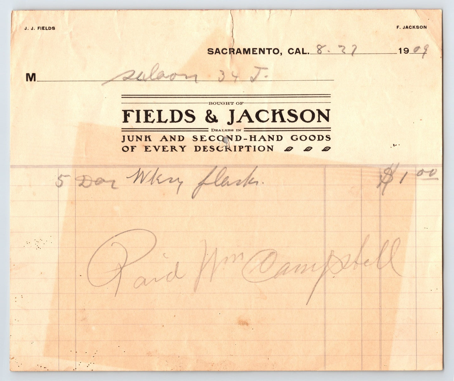 Sacramento California 1909 Fields and Jackson junk and second hand goods billhead with handwritten whiskey flask entry