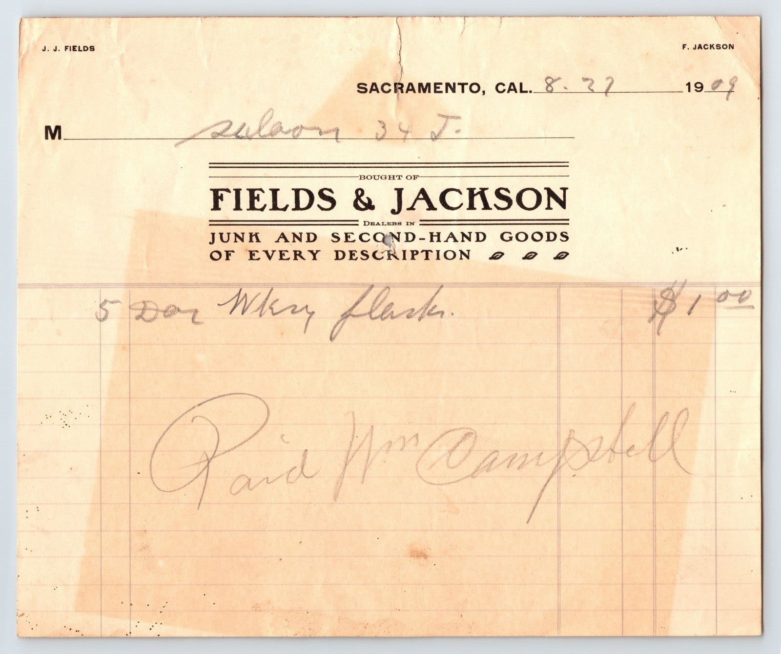 Sacramento California 1909 Fields and Jackson junk and second hand goods billhead with handwritten whiskey flask entry
